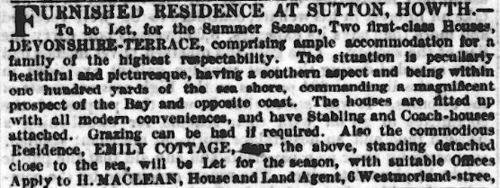 Advert for Emily Cottage 1860